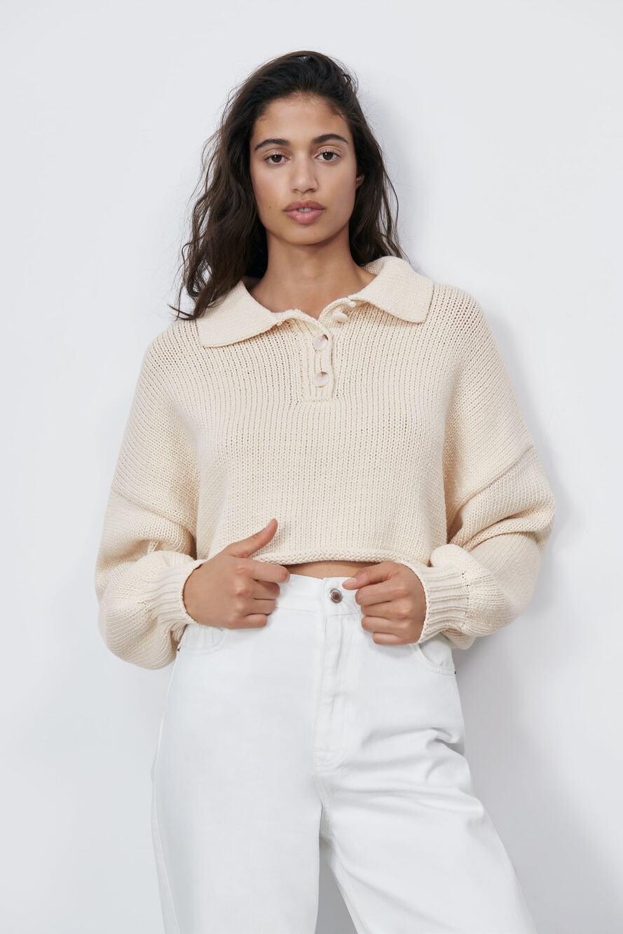 Zara ecru cropped chunky knit sweater Small